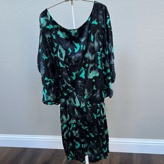 Express Size Small Mini Dress Batwing Sleeves Silk Black Teal Floral Flowy Drape
