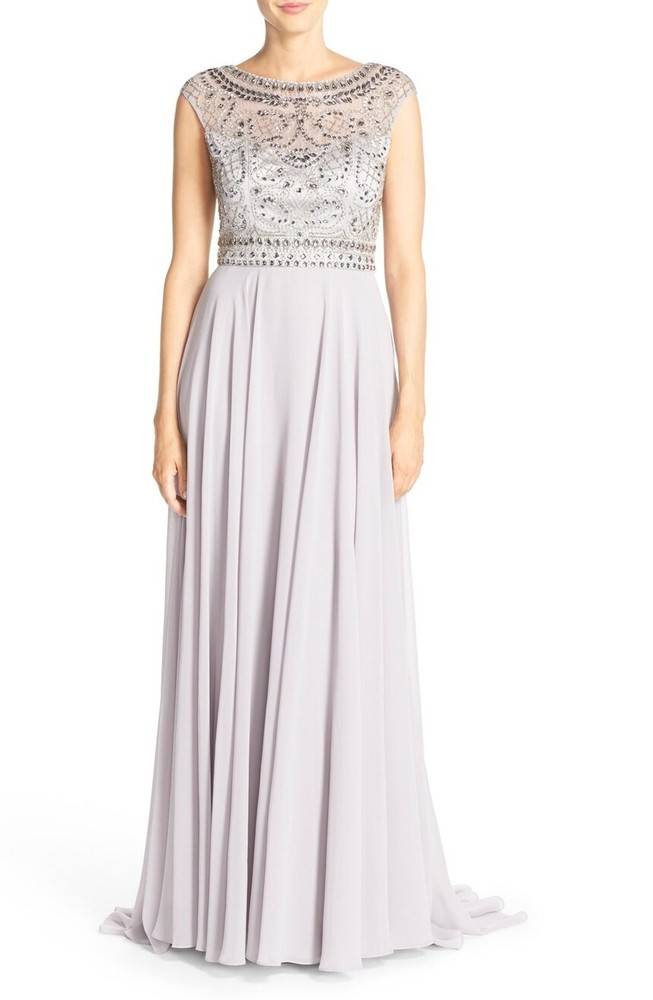 Sue Wong Womens Cap Sleeve Beaded Illusion Yoke Gown Dress Gray Size 4