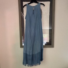 Crown & Ivy Petite PL Blue Solid Sleeveless Maxi Dress Fringe Hem Pullover