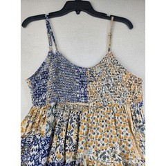 Angie Floral Patchwork Smocked Mini Dress Blue Yellow Boho Tiered Rayon Large