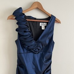 Vintage Betsy & Adam Navy Satin Midi Dress S Rushed Ruffle Glam Event Party