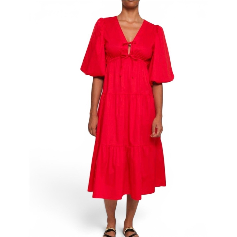 The Lulo Project Lilies Tie-Front Cotton Stretch Midi Dress Bright Red Medium