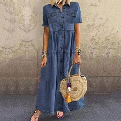 Retro Women Dresses 2022 Short Sleeve Turn Down Collar Pockets Button Long Loose