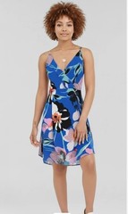 NWT Express Blue Tropical Floral Mini Dress Womens M Surplice Spaghetti Straps