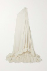 Lanvin One Shoulder Ruffled Plisse Crepe De Chine Gown Dress Off White 36