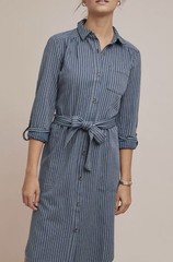 Anthropologie Women’s US 2 Blue/White Striped Belted Button-Front Shirt Dress