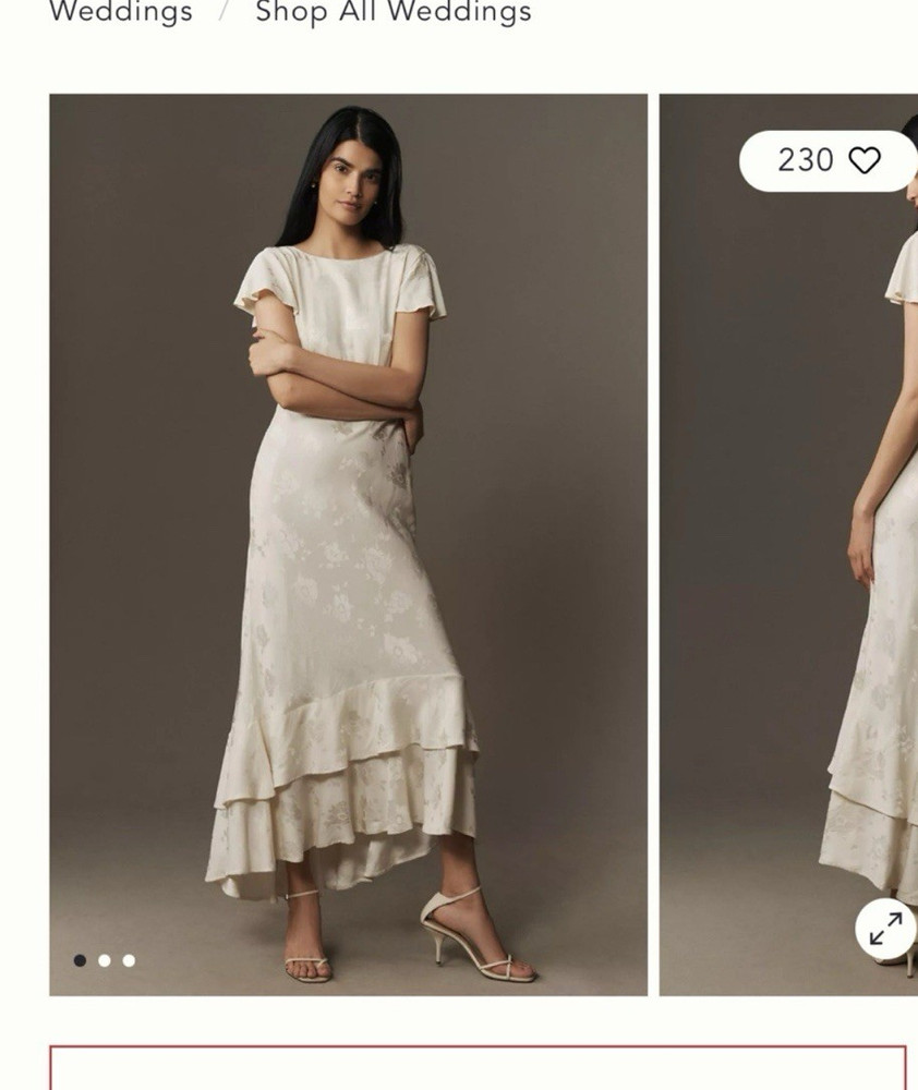 Anthropologie Ivory Floral Jacquard Midi Slip Dress M Round Neck Flutter Sleeve