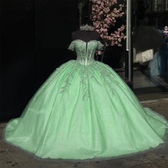 Mint Green Off Shoulder Glitter Tulle Quinceanera Ball Gown Sweet 16 Dress