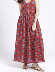 Red Ethnic Motif Printed Plunge Halter Neck Tiered Maxi Dress Boho L/XL
