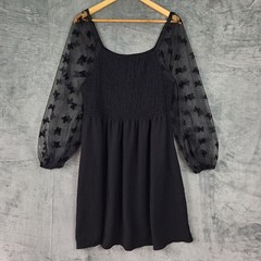 Womens Dress Large Black Whimsigoth Sheer Butterfly Smocked Fairy Grunge Goth