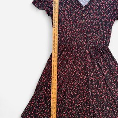 Black Floral Print Dress Red Flowers, Size Small, Elastic Waist, Short Sleeves