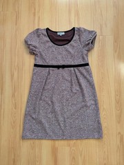 Burgundy Red Melange Tweed Soft Puff Sleeve Velvet Bow Empire Waist Short Dress