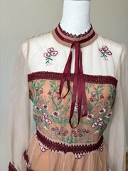 Kaimilan Red Floral Mesh Sheer Embroidered Lace Lantern Sleeve Midi S