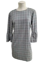 Zara Women&rsquo;s Size M Plaid Ruffle Bell Sleeve Mini Shift Dress Black White EUC