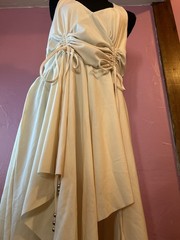 Beige Solid V-Neck Halter Ruched Beaded Handkerchief Hem Midi Dress, XL
