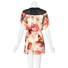 JEAN PAUL GAULTIER SOLIEL Printed White Mesh Mini Dress with Black Mesh Yoke SZS
