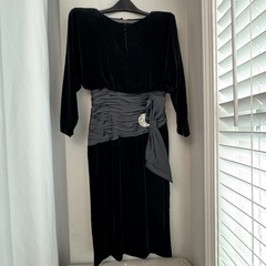 VTG 80s A.J. Bari Dress Silk, Rayon, Velvet, Cinch Waist, Rhinestone Bow, SZ 6
