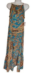 1 State Teal Blue Brown Paisley Ruffle Hem Halter Maxi Shift Dress S NWT
