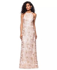 Betsy & Adam Sequin Floral Sleeveless Gown Champagne 2P $279 Mother Of Bride