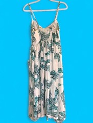 Women’s M Beige/Green Tropical Print V-Neck Button Front Midi Sundress Pockets