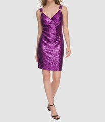 Guess Womens Purple Sequins V-Neck Sleeveless Bodycon O-Ring-Strap Dress Size 12