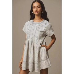 Pilcro Anthropologie Micro Stripe Denim Pocket Swing Flare Mini Dress NEW~Size L
