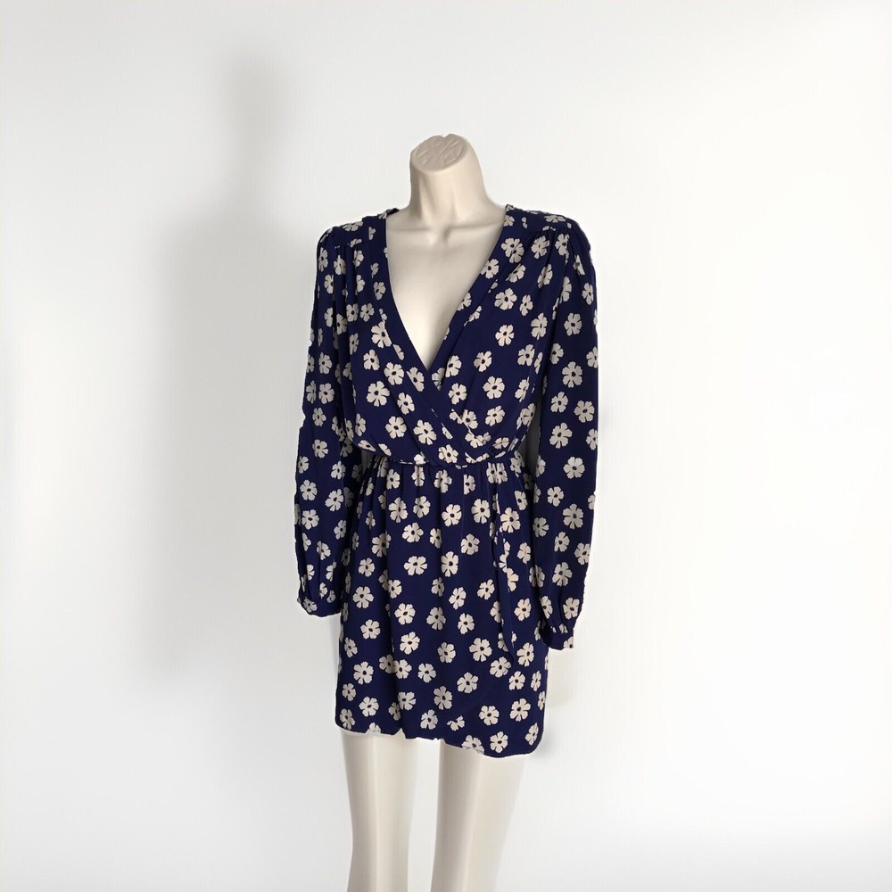 Brigitte Bailey Mini Size L Long Sleeve Floral On Blue Vneck Faux Wrap