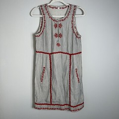 Ella Moss Sleeveless Shift Dress-Gray Tan Stripes-Red Embroidery-Cotton-Small