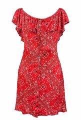 Mudd Dress Women XL Red Bandana Print Button Down Ruffle Off Shoulder Boho Flowy