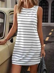 NEW Women Striped Crew Neck Sleeveless A-line Style Tank Dress White/Black M