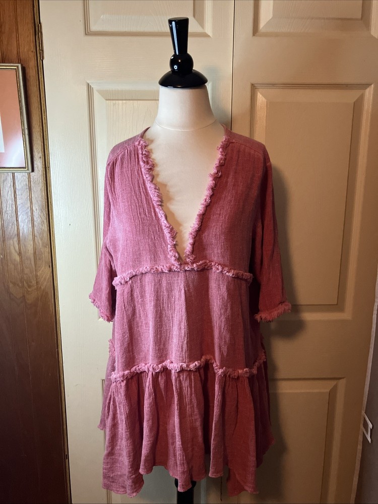 Scandal Free Spirit Hand Dyed Linen Tiered Babydoll Dress/Top M Italy Raspberry