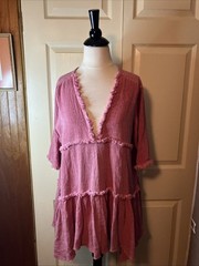 Scandal Free Spirit Hand Dyed Linen Tiered Babydoll Dress/Top M Italy Raspberry