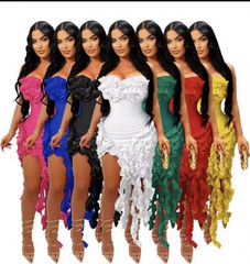 Strapless Ruffle Hi-Low Bodycon Asymmetric Dress Multicolor Party Sleeveless
