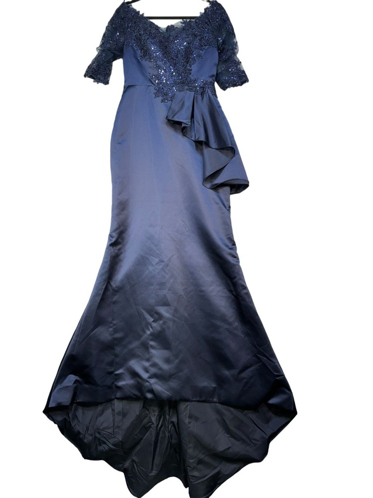 Missacc Elegant Navy Blue Sequined Evening Gown Lace Asymmetrical Ruffle Skirt S