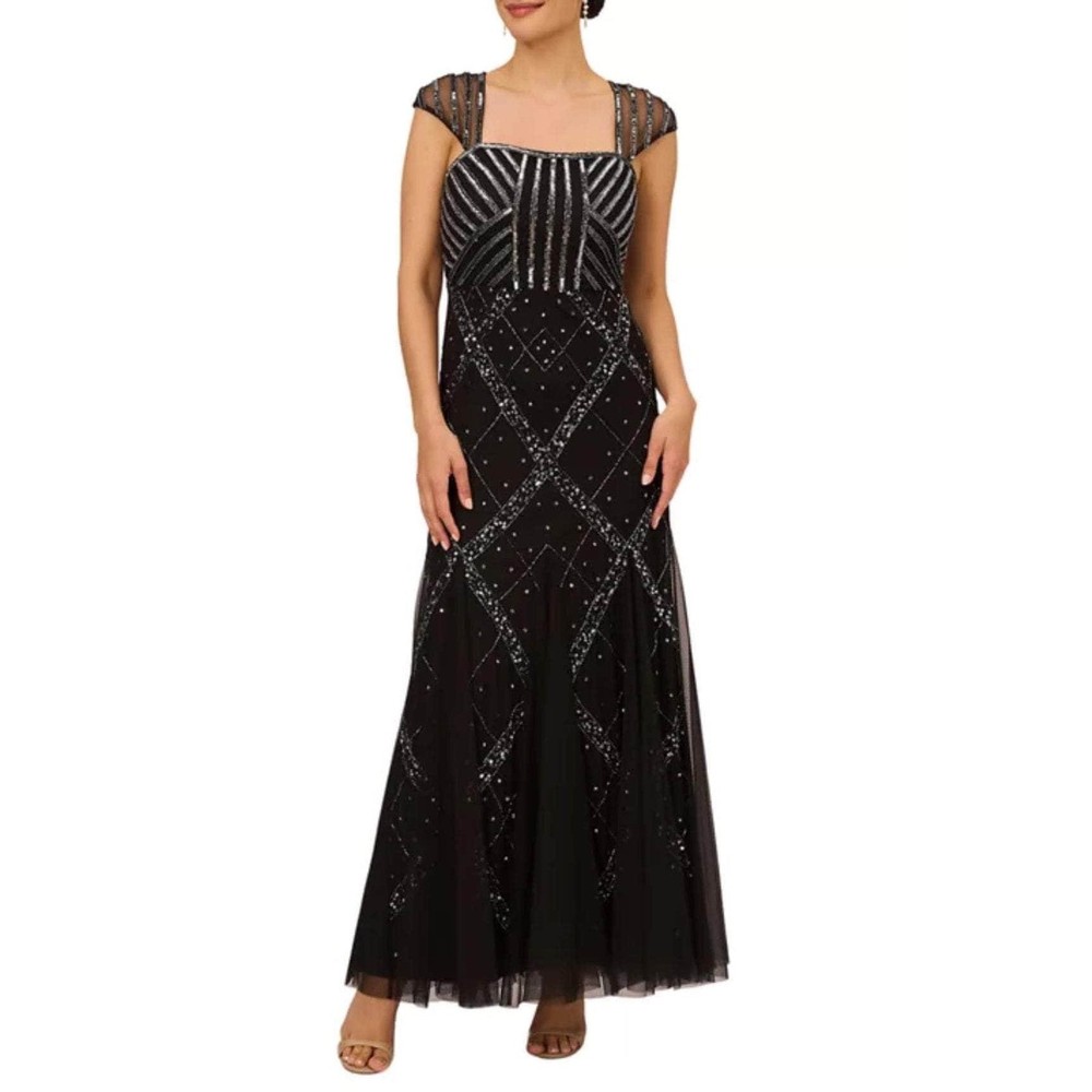 NEW Adrianna Papell Studio Size 10 Beaded Embellished Evening Dress Long Black
