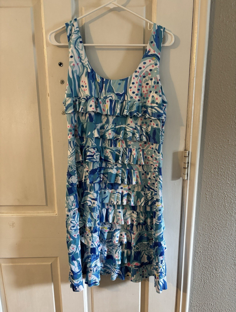 Tango Mango Blue/White/Pink Abstract Ruffle Shift Dress L Stretch Knit