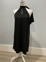 River Island Black Jersey Halter Shift Dress Asymmetrical Cut Out Ring Size 14