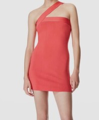 $225 Herve by Herve Leger Women&rsquo;s Red Asymmetric Neck Mini Bodycon Dress Size M