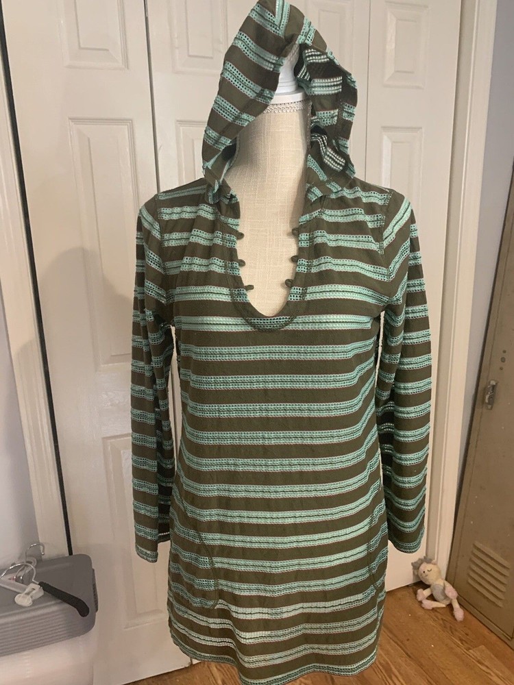 PrAna Women&rsquo;s Green Striped Alexia Long Sleeve « No Lace » Neck Hooded Tunic Sz M
