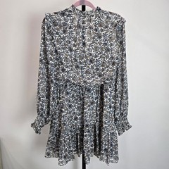 Veronica Beard Saville Boho-Floral Dress Ecru Blue Long Sleeve Silk Ruffle 8 New