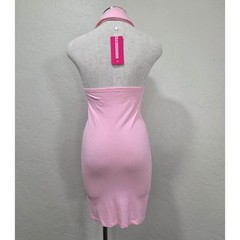 Pink Bodycon Ribbed Halter Button Down Dress
