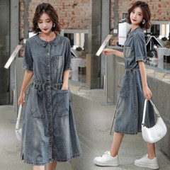 Doll Collar Denim Dress Female Fashion Half Sleeve Loose Casual Denim Dress