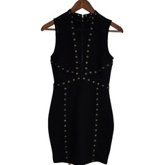 Gothic Glam Baddie Clubwear Gold Studded Cage‑Neck Bodycon Mini Mesh Inset Small