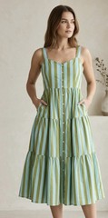 Women’s Stripe Print Cotton Midi Dress Sleeveles Summer Casual Dress With Pocket