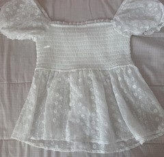 White Cotton Smocked top blouse Square Neck Puff Short Sleeve Solid Size M