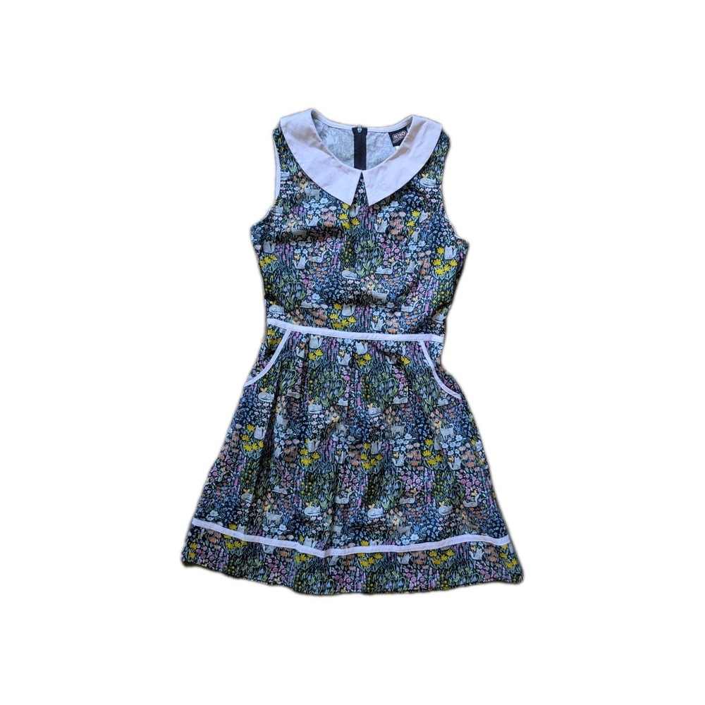 Retrolicous Dress Size Large Cats Print Floral 1950s Retro Peterpan Collar