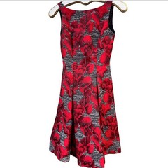 Adrianna Papell Floral Jacquard Fit & Flare Dress Red Black V-Back Old Money 4
