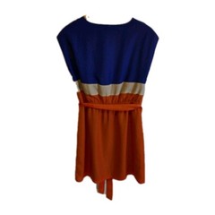 Joy Joy Retro Shift Dress Blue Orange Beige Polyester Elastic Waist Medium