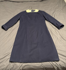 Navy/White Wool Shift Dress Long Sleeve Lace Collar Knee Length 13