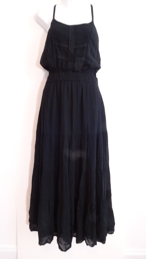 Area Women&rsquo;s Black Gauze Embriodered Smocked Spaghetti Strap Maxi Dress XS NWT